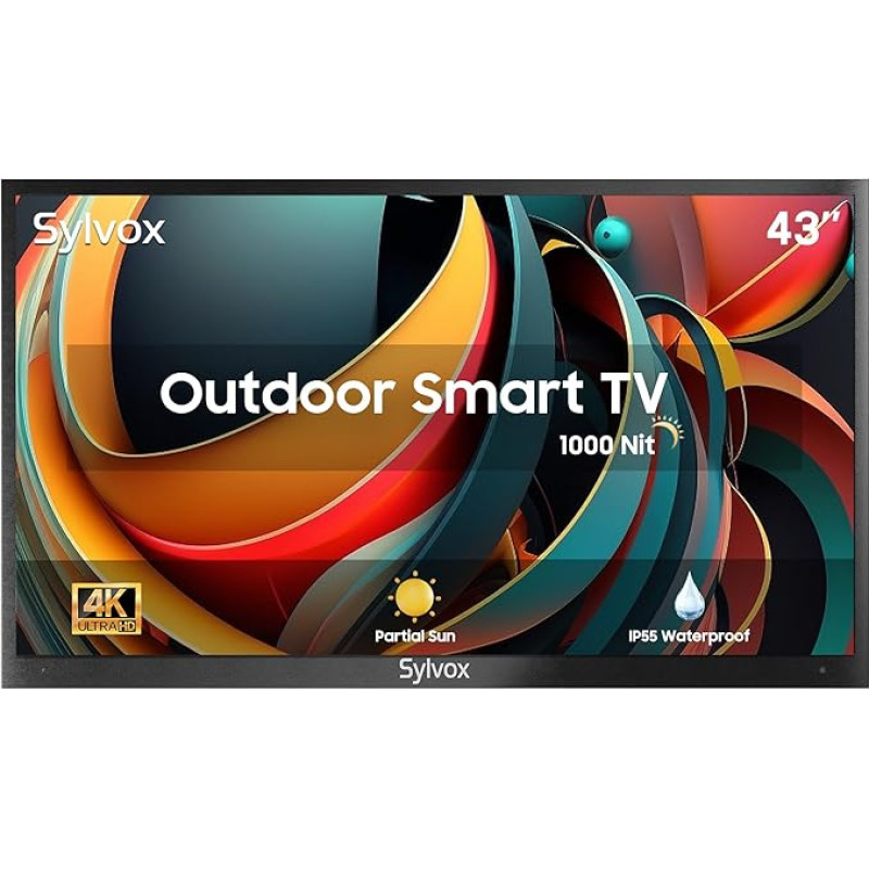 SYLVOX 43 Inch Outdoor TV 1000 Nits IP55 Waterproof, Smart Android TV 4K UHD. HDR 10 Dolby Audio Television, Voice Search DTV & ATV, DVB-T/C/T2/S/S2 Google Assistant Built-in, for Patio Partial Sun