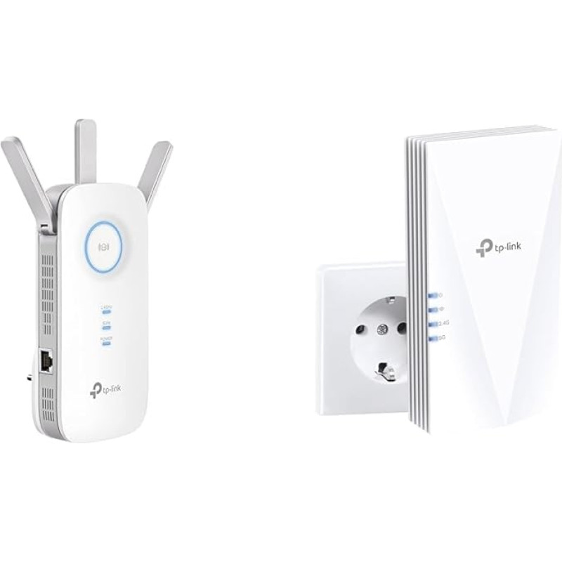 TP-Link RE550 WLAN stiprintuvo kartotuvas AC1900 (Dual AC + N ir RE500X WiFi 6 WLAN stiprintuvo kartotuvas AX1500 (Dual Band 1200 MBit/s 5GHz + 300 MBit/s 2