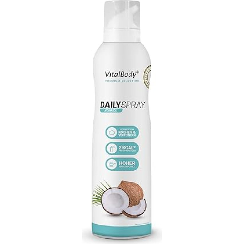 VitalBody+ DailySpray Coconut Oil, 800 porcijų, 2 kcal Keptuvės purškiklis kepimui, kepimui ant grotelių ir rafinavimui, sveikam maisto ruošimui, nesvylantis kepimo purškiklis su kokosų aliejumi