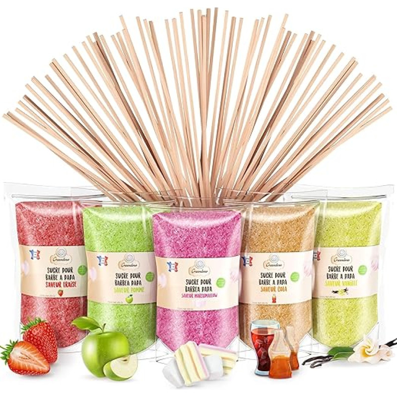 GREENDOSO® Cotton Candy Set 5 x 300 g - Natural Flavours & Colours - Strawberry/Cola/Apple/Marshmallow/Vanilla + 50 Sticks for Cotton Candy Machine