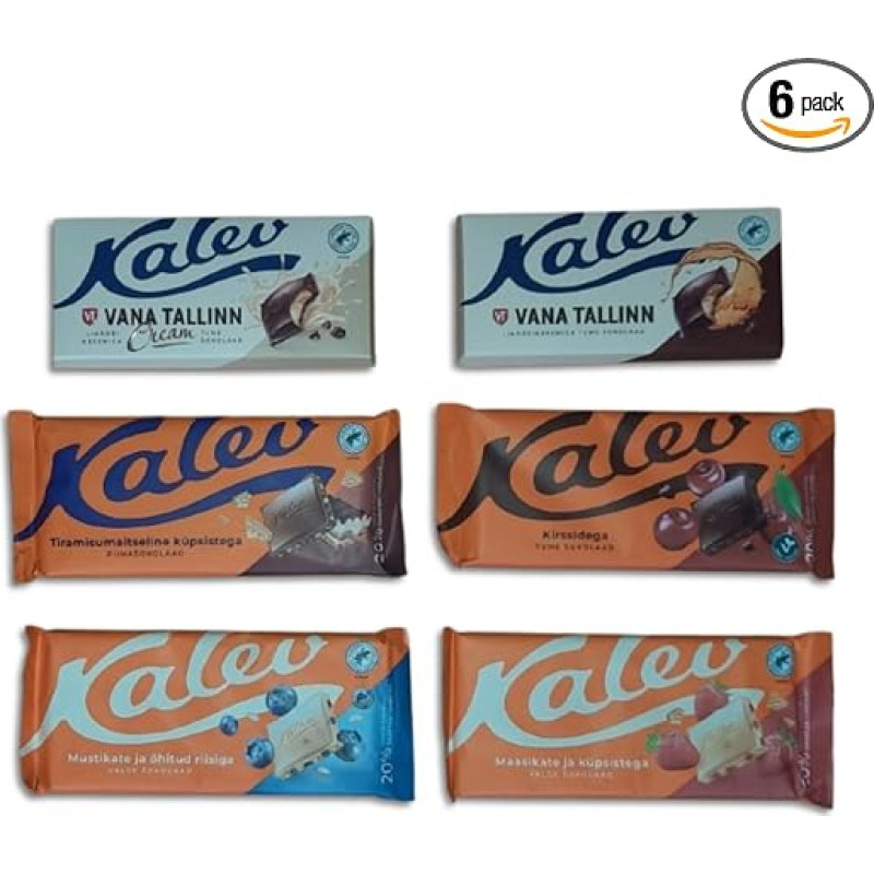 Kalev Chocolate Set of 6 Varieties - White, Dark and Milk Chocolate with Blueberry, Strawberry, Tiramisu and Liqueur Vana Tallinn