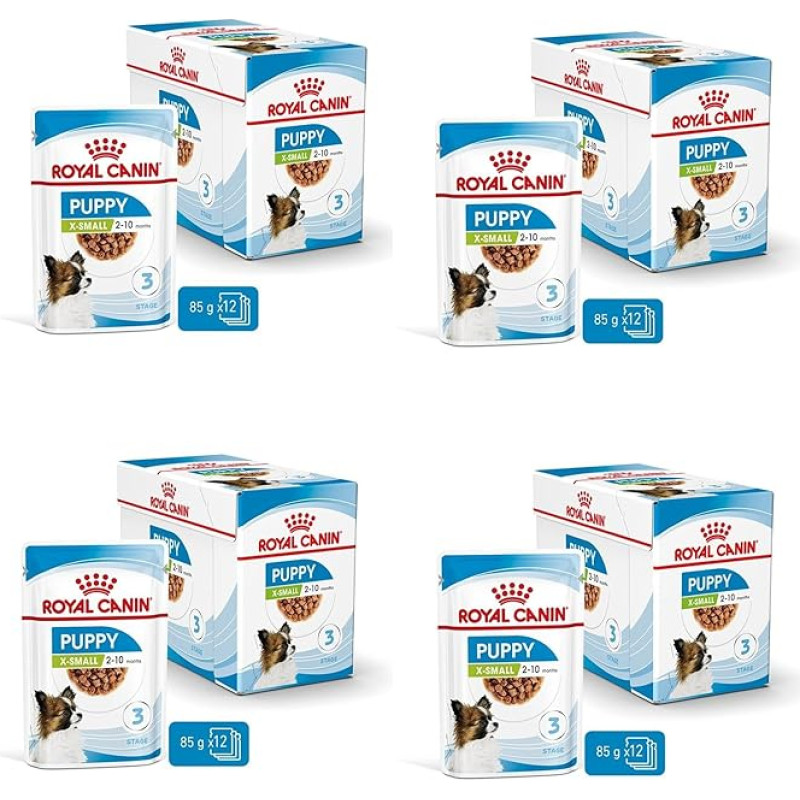 ROYAL CANIN X-Small Puppy | 4 pakuotės | 4 x 12 x 85 g | Šlapias maistas itin mažų veislių šuniukams | iki 10 mėnesių | su užkandžiais padaže | maišelyje