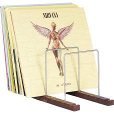 Decibelvibe Vinyl Record Storage and Turntable Stand Now Playing Display with Stainless Steel and Solid Walnut Wood Premium Design Up to 75 Records for Living Room or