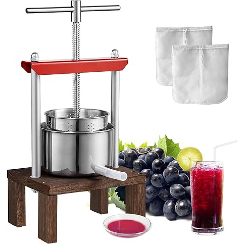 VEVOR Fruit Wine Press 1.56L 2 Stainless Steel Barrels Manual Juice Machine Apple Grape Tincture Vegetable Honey Olive Oil Press with T Handle and Sturdy Base for Kitchen Home