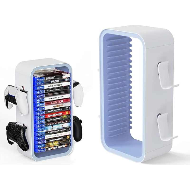wigmoa OYO-1 【40cm】 Game Storage Tower Compatible with PS5/Xbox Series S & X/Switch, Universal Video Game Disc Organiser, 18 Pieces with 4 Controller Holder, Game Disc Box Stand (White/Blue)