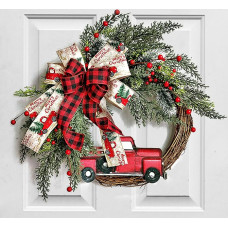 40 cm durų vainikas Kalėdos, raudonas sunkvežimio Kalėdų vainikas, dirbtinė Kalėdų dekoracija, ūkinis sienų vainikas Karminų langų Kalėdoms