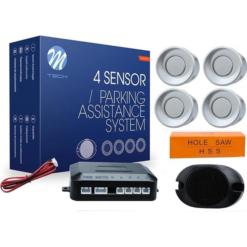 Parking Sensor Kit with an acoustic signal transmitter for retrofitting and including 4x silver sensors with Reverse Beep Speaker Buzzer PDC CP7S. Universal for all Cars