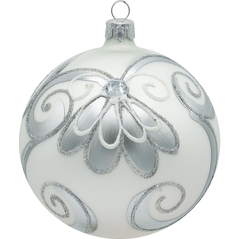 VITBIS - 10 cm stiklinė kalėdinė puošmena, pučiama burna, dekoruota rankomis ir rankų darbo eglutės puošmena - matinės baltos spalvos su sodriu sidabro dekoru