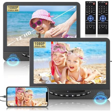 DESOBRY DVD grotuvas automobilinis 2 ekranai 12 colių su 1080P HDMI įvestimi, automobilinis televizorius atkuria tuos pačius arba du skirtingus filmus, 5 val. įkraunama baterija, palaiko USB