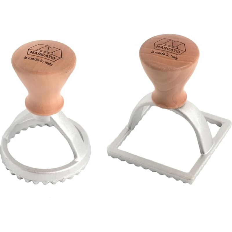 Marcato Ravioli and Biscuit Cutter Set, Ravioli Maker, Biscuit Cutter, Solid Wood and Cast Iron, Made in Italy, 58mm Round Embossing + 58mm Square Embossing. Model: Raviolè