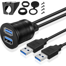 TNP USB Einbaubuchse Kabel - 2m, Kfz USB 3.0 Einbau Buchse Kabel, USB Verlängerungskabel, runder USB Armaturenbrett Kabel, 2X Stecker auf 2X Buchse Adapter für Auto, LKW, Boot, Motorrad, schwarz