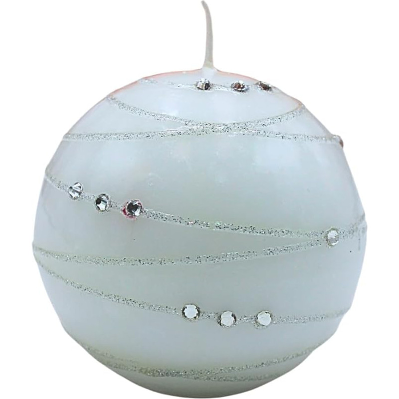 Elegantiška rutulinė žvakė, stalo žvakė, dekoratyvinė žvakė, vaškinė žvakė su brangakmenio motyvu, dekoratyvinė žvakė kaip rutulys, 8 cm, su sidabro juostele, baltos spalvos.
