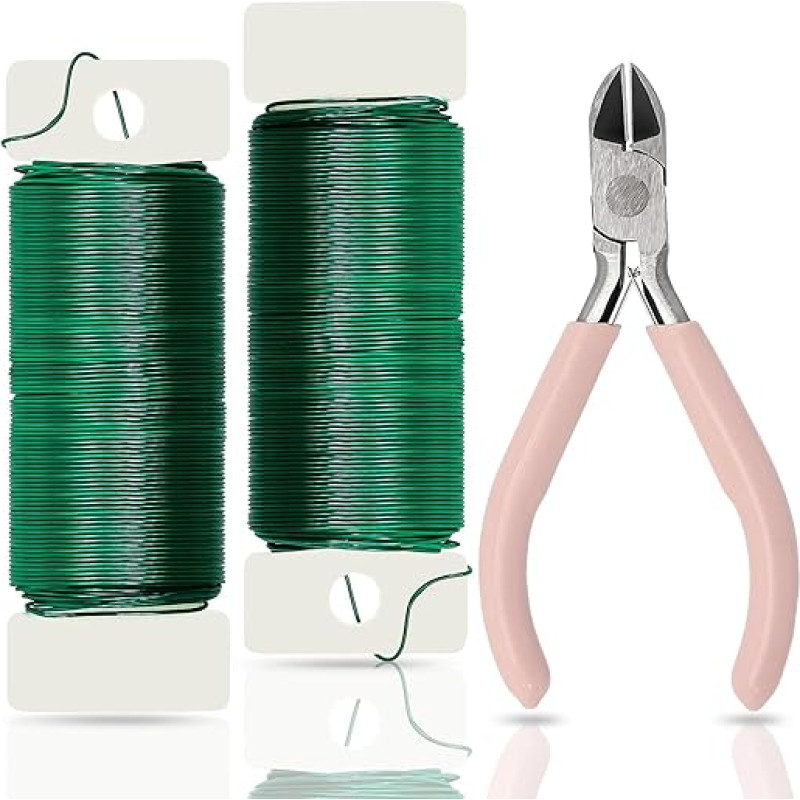 2 Spulen grüner Floristendraht + 1 Stück Schmuckzange, 0,7 mm Backemaille Verzinkter Blumendraht, DIY Floristikdrähte für Hochzeitskränze, Weihnachtskränze, Blumenarrangement