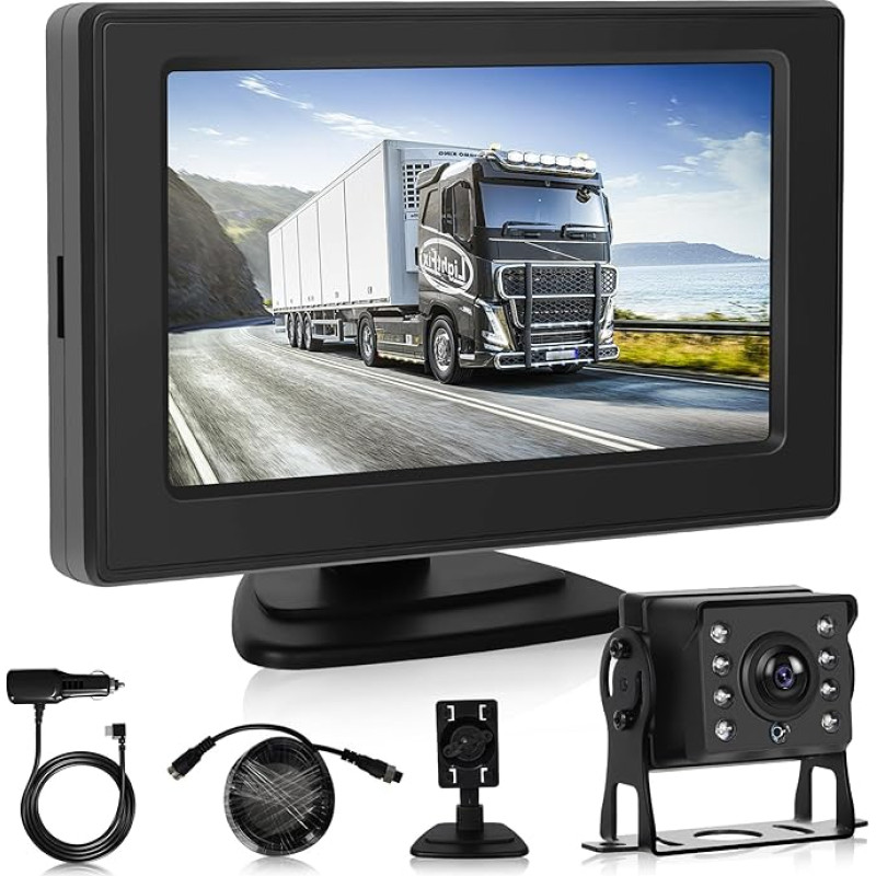 Reversing Camera Set with 4.3 IPS Inch Monitor, Vehicle Backup Camera IP68 Waterproof, Night Vision, Image Flip, Cable Parking Aid for Truck/Trailer/Bus/Van/Agriculture/Motorhomes/Caravans 9-36 Volt
