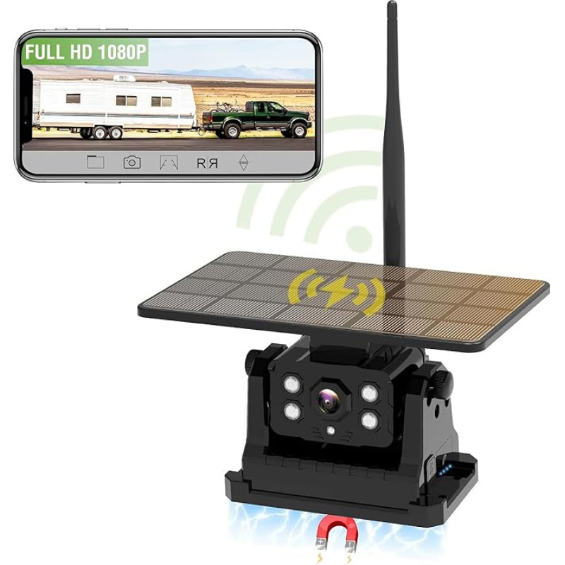 ATOVANKA Solar Reversing Camera Wireless 9600 mAh Battery WiFi Reversing Camera, Magnetic Hitch, 1080P Waterproof Wireless Reversing Camera with Android and iOS for Trucks, RV, Trailers, Caravans