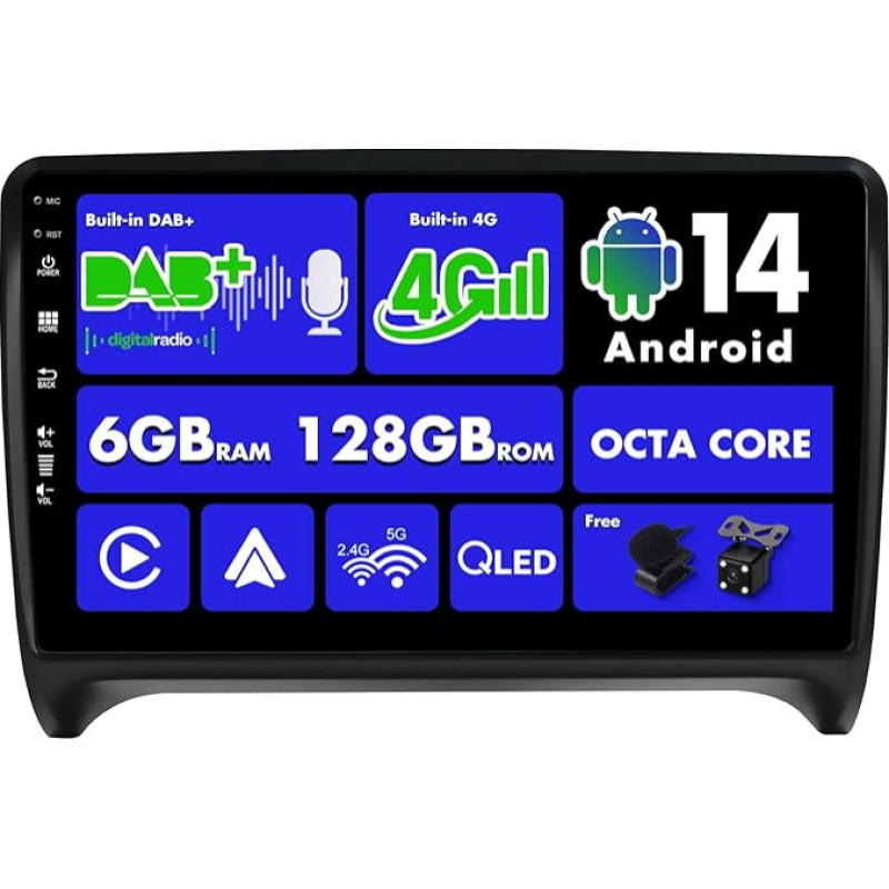 SXAUTO Android 14 - Integruotas 4G LTE DAB - 6G + 128G - automobilinis radijas Audi TT (2006-2011) - Belaidis CarPlay Android automobilis - Kamera + mikrofonas - Valdymas vairu Bluetooth Dual Band WiFi - QLED 9 colių