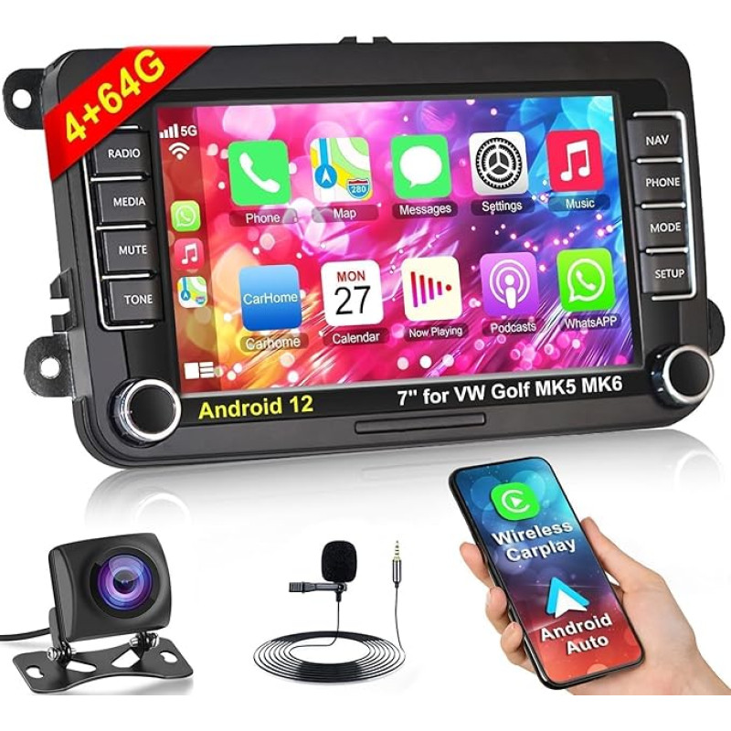 4+64 Android 13 Autoradio für VW Golf Passat Jetta MK5 MK6 RCD330, 7 Zoll IPS Touchscreen Autoradio mit Wireless Carplay/Android Auto,GPS, WiFi, Bluetooth, Unterstützung DAB/OBD2/DVR/DPS
