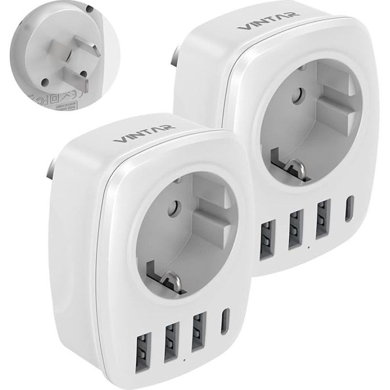 VINTAR Australia 5-in-1 Plug Adapter with 3 USB Ports and 1 USB-C Port, Suitable for Australia, China, New Zealand Travel Adapter, White Type I