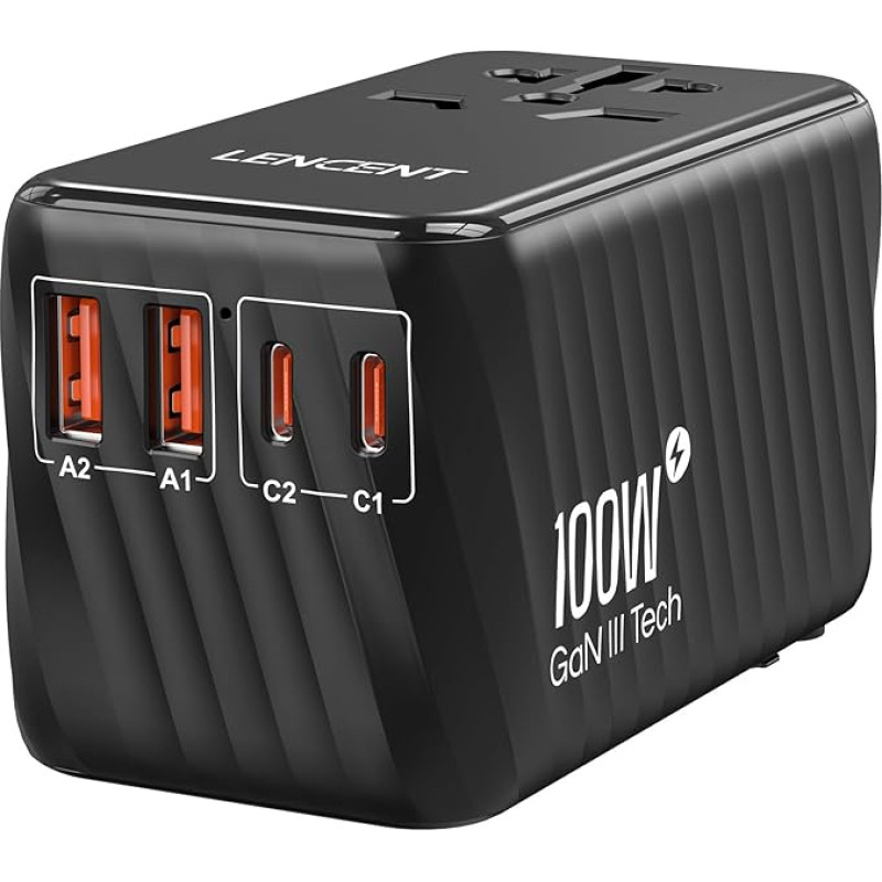 LENCENT International Travel Adapter, 100W GaN3 Universal Adapter with 2 PD3.0 Type C+2 QC USB A, Worldwide Adapter for Mobile Phones, All in One Travel Plug for EU/USA/UK/AU Sockets, Black