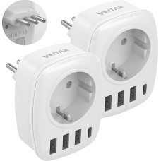 VINTAR 2 PC Adapter Italy Socket, 5-in-1 Travel Adapter Italy with 3 USB Ports and 1 USB C Port, Suitable for Travel Adapter in Italy, Maldives, Chile, Uruguay, White, Type L