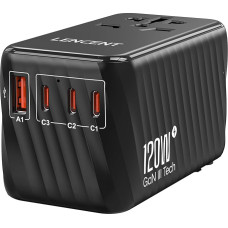 LENCENT International Travel Adapter, 120W GaN3 Universal Adapter with 3 PD3.0 Type C+1 QC USB A, Worldwide Adapter for Mobile Phones, All in One Travel Plug for EU/USA/UK/AU Sockets, Black