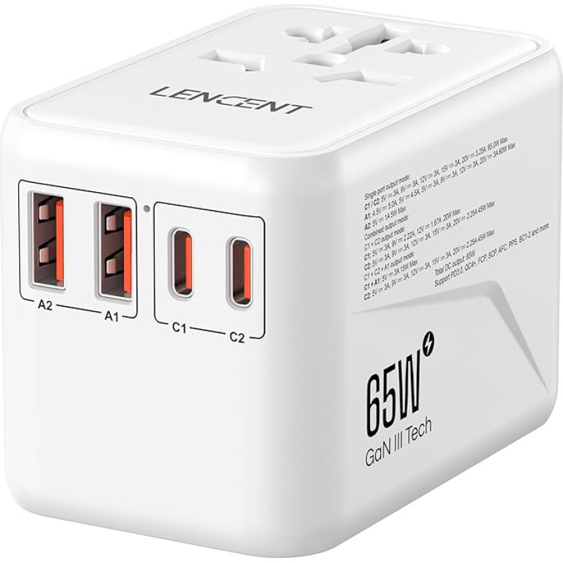 LENCENT Universal Travel Adapter, GaN3 65W International Adapter with 2 QC4.0 USB-A+2 PD3.0 Type-C PPS Fast Charging, Worldwide Travel Plug Adapter for USA/UK/EU/AUS Sockets, White