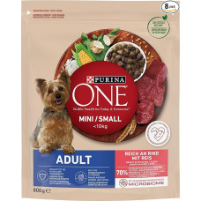 PURINA ONE Mini/mažų veislių suaugusių šunų sausas maistas mažiems šunims, gausus jautienos ir ryžių, 8 vnt. (8 x 800 g)