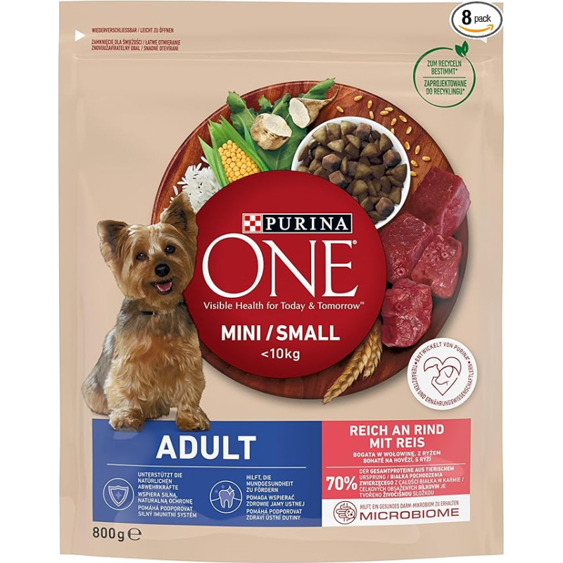 PURINA ONE Mini/mažų veislių suaugusių šunų sausas maistas mažiems šunims, gausus jautienos ir ryžių, 8 vnt. (8 x 800 g)