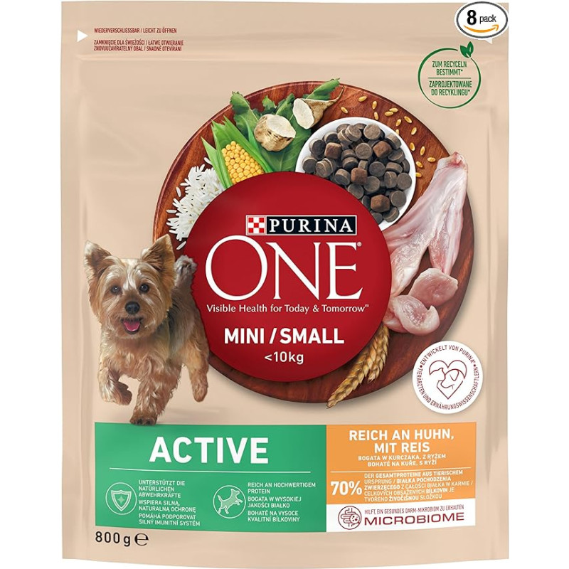 PURINA ONE Mini/Small Active sausas sausas maistas mažiems šunims su vištiena ir ryžiais, 8 vnt. (8 x 800 g)