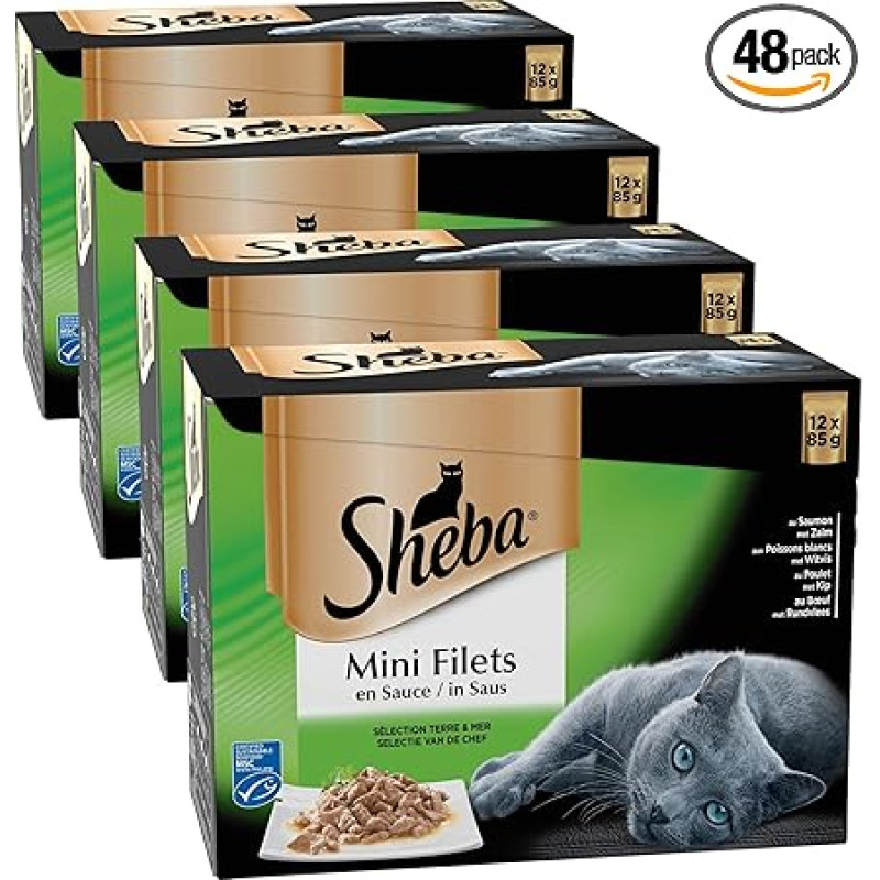 Sheba Mini Katzennetze für ausgewachsene Katzen - Nassfutter für Katzen - Auswahl Erde & Meer - Frischebeutel 48 x 85g