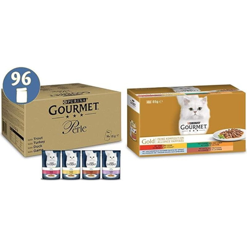 Purina Gourmet Perle Country Medley, 96 x 85 g & Gold Fine Sudėtis: Aukštos kokybės ėdalas suaugusioms katėms, konservų dėžutė, 12 x 4 x 85 g