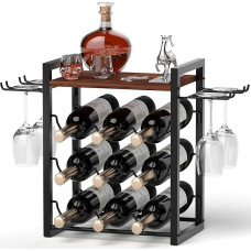 TIPSYTREE Countertop Wine Rack Medinis vyno stovas su dėklu talpina 9 vyno butelius ir 4 stiklines Laisvai pastatomas vyno stovas namų virtuvės baro vyno rūsiui