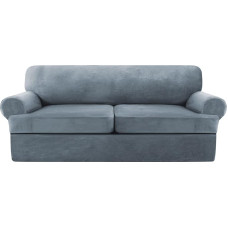 Velvet T pagalvėlių sofos dangtis 3 dalių sofos užvalkalas Baldų apsauga Stretch T pagalvėlių sofos užvalkalas 2 pagalvėlėms sofos užvalkalas su 2 atskirais T pagalvių dangteliais (dulkėtai mėlyna, Loveseat)