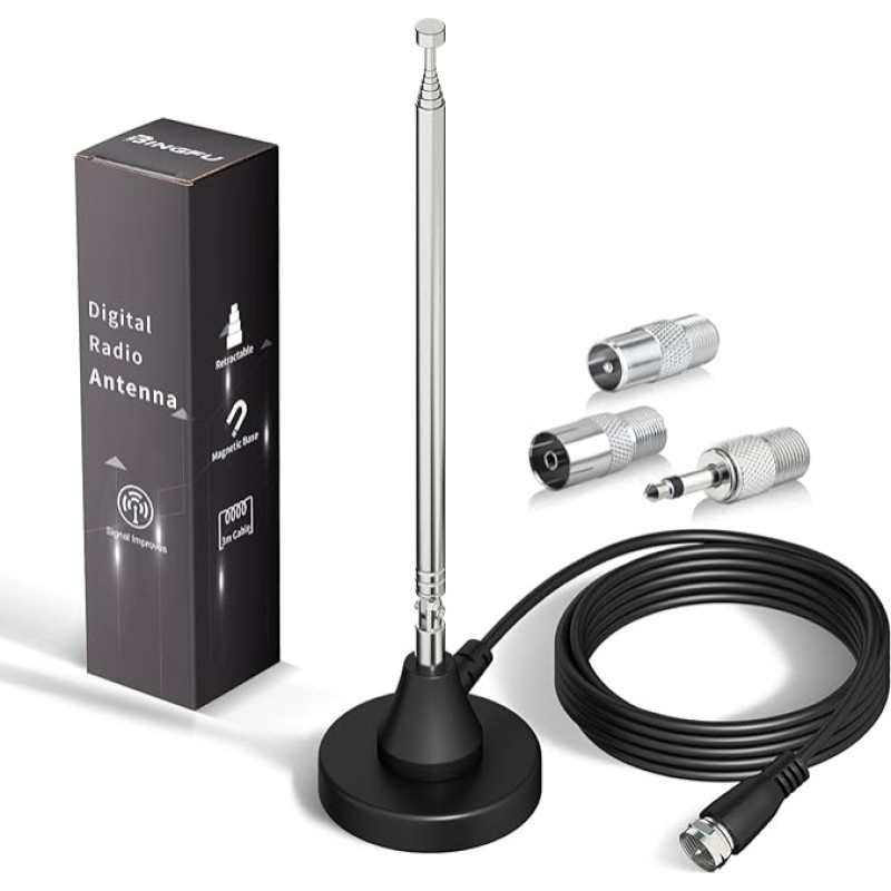 Bingfu FM radijo antena Skaitmeninė teleskopinė vidinė antena su magnetiniu pagrindu 3 m ilgio prailginimo laidas 75 omų DAB DAB+ FM radijo imtuvui Stereo AV HiFi imtuvui