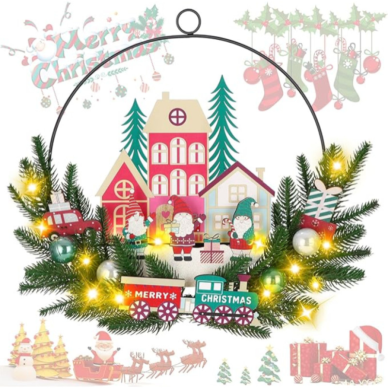 Kalėdinis durų vainikas 30 cm, Kalėdų vainikas su 30 šviesos diodų, maitinamas iš baterijos, Kalėdų vainikas prie lauko durų, durų dekoracija, kalėdinis durų vainikas, šviečiantis sienai, lauko durims, langui, židiniui