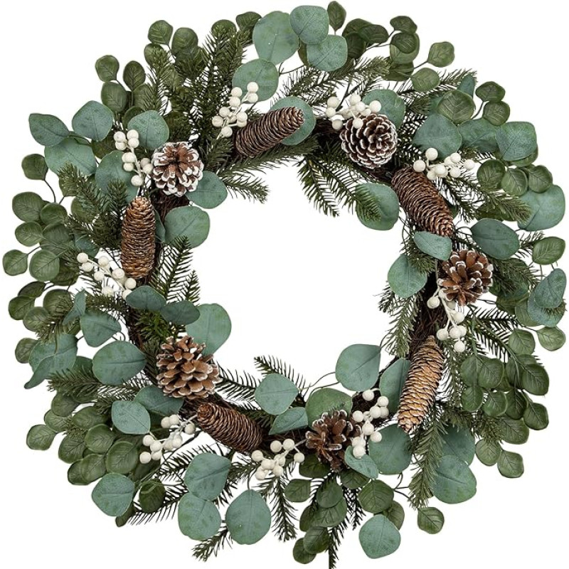 Dirbtiniai eukaliptų vainikai su pušų kankorėžiais Kalėdų dekoracijoms