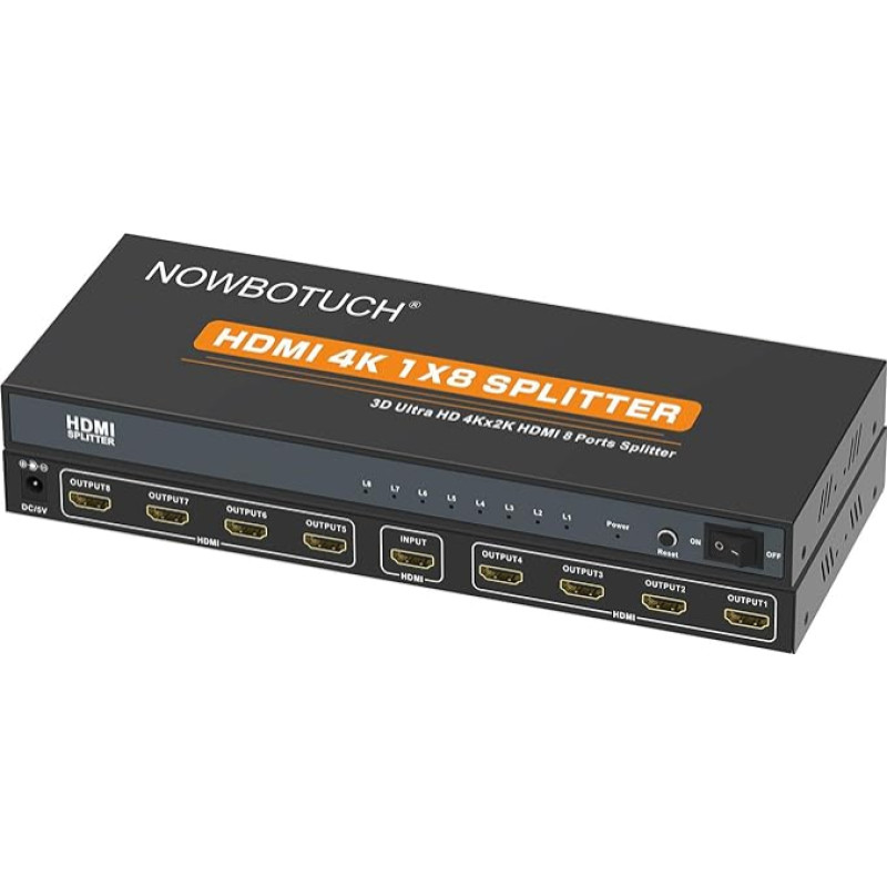 NOWBOTUCH 1x8 HDMI skirstytuvas 8 prievadų 1 įvesties 8 išvesties HDMI jungiklis 1 prievadas į 8 HDMI ekranus Dvigubas / veidrodinis maitinamas skirstytuvas Ver 1.4 Sertifikuotas 