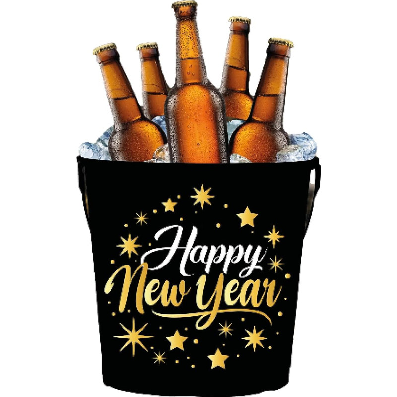 FIESTAS GUIRCA | Metall Eimer Frohes neues Jahr Wiederverwendbar (19x23 cm) - Tischdekoration für Silvesterfeiern - Ideal für Festlichkeiten - Schwarz