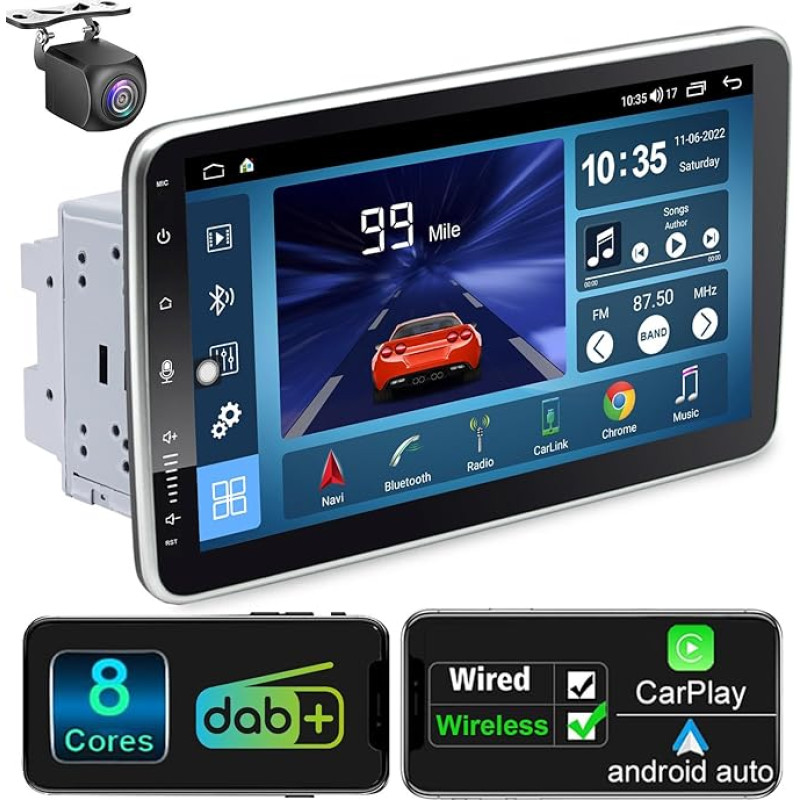 Android Car Radio 2 DIN with Navigation 10 Inch Screen Built-in DAB+ Android Car & Wireless CarPlay Double DIN Radio Car Radio Touch Display with Bluetooth 8 Core 2G + 32G Rome WiFi 4G GPS AM/FM RDS