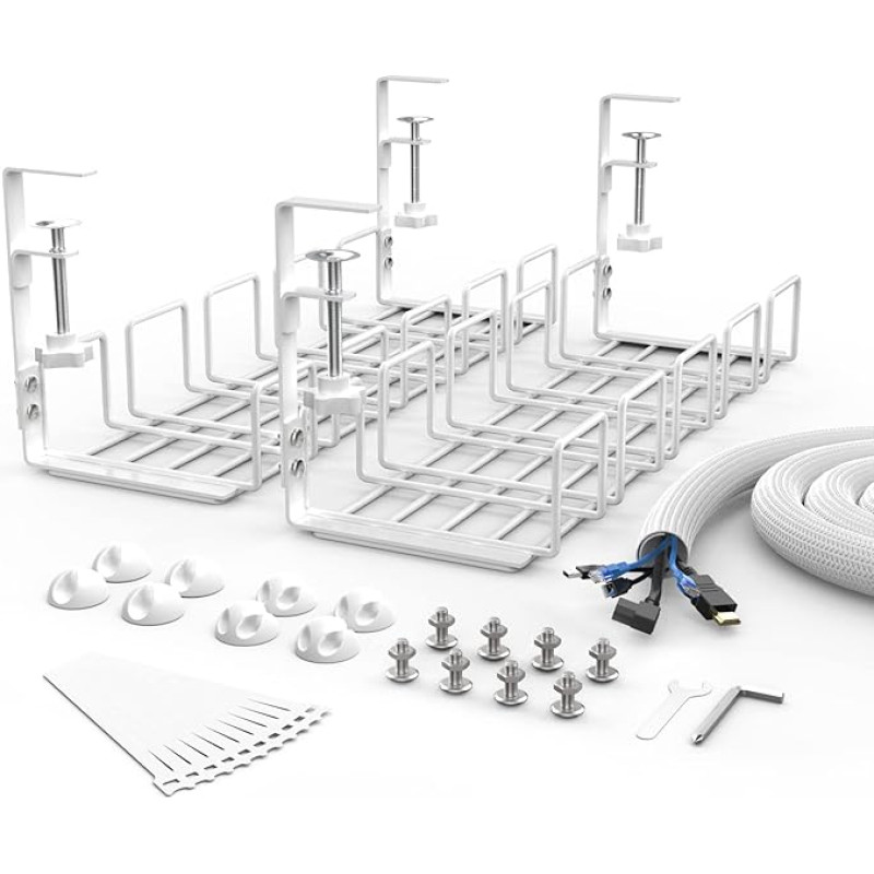 KOXXUD Cable Management Desk No Drilling Kit, Cable Duct Desk Clampable Undertable, Cable Management Organiser Tray for Managing Cables and Power Strips (White, Pack of 2)