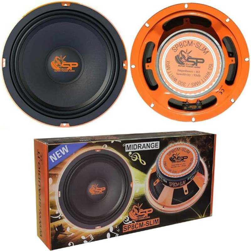 2 MIDRANGE SP AUDIO SP8CM-SLIM garsiakalbiai 20,00 cm 200 mm 8 colių skersmens 150 W RMS 300 W maksimali varža 4 omų 95 dB SPL Automobilis vienai porai