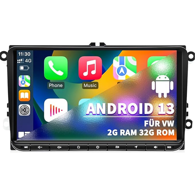 Automobilinis radijas VW Golf Passat Seat Polo Skoda, Android 13 sistema 2G + 32G CarPlay Android automobilis, 9 colių jutiklinis ekranas GPS navigacija WLAN Bluetooth vairo valdymas