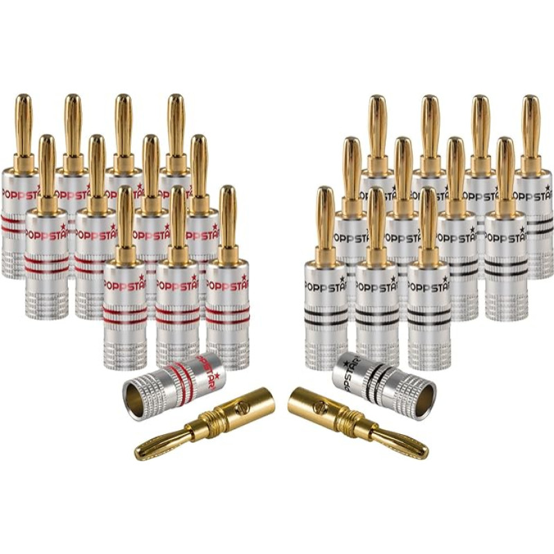 Poppstar 24x High End Bananenstecker (4 mm² verschraubt, 6 mm² verlötet, 24k vergoldet, Aliuminium-Gehäuse, 12x schwarz, 12x rot)