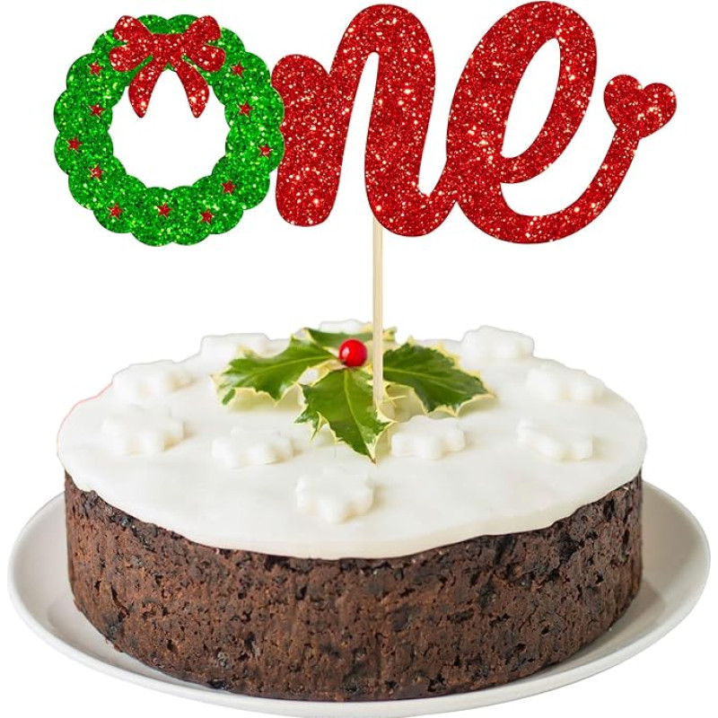 Gyufise 1 Pack Christmas Wreath One Cake Topper Red Green Merry Christmas 1st Birthday Cake Decoration for Boys Girls Cake Decorations for Christmas Holiday Baby Shower 1st Birthday Party Supplies