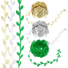 PATIKIL 33 metrų aukso sidabro žalios spalvos lapų juosta, lapų puošybos eilutė Dirbtinių lapų juosta Kalėdų vainikui, dovanų įpakavimui, vestuvių dekoravimui, 8 stilius