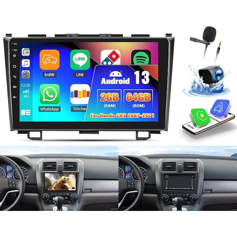 OiLiehu 2G + 64G Android 13 Automobilinis radijas 2DIN Carplay Android automobilis Honda CRV 2007-2011 m. automobilinis radijas su ekranu 9 colių automobilinis radijas su Mirror Link/EQ/Bluetooth/SWC/FM RDS/WiFi/GPS/ galinio vaizdo kamera