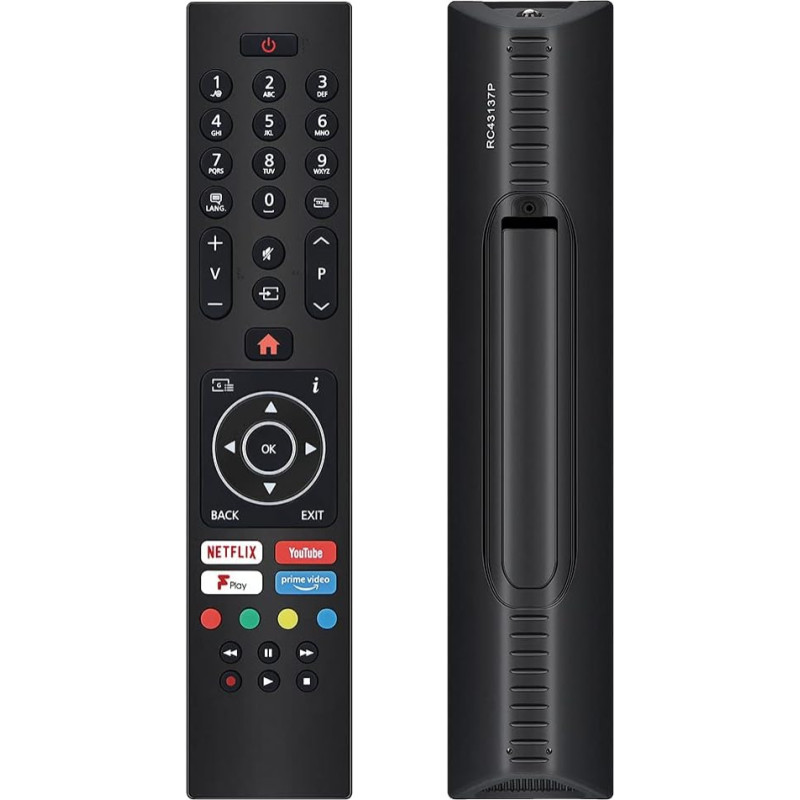 RC43137P Nuotolinio valdymo pultas UNOCAR, skirtas JVC Vestel Hitachi Bush Blaupunkt Technika Polaroid Finlux Digihome LED LCD televizoriams ir išmaniesiems televizoriams su Prime Video Netflix Youtube Freeview Play mygtuku