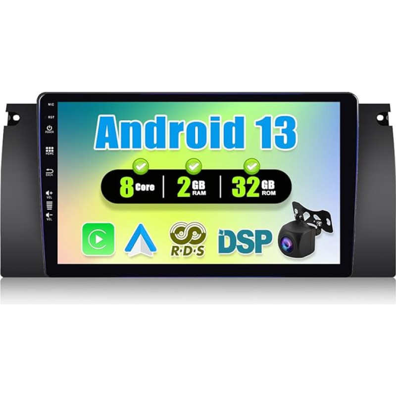 8 branduolių 2G + 32G CAMECHO Android 13 automobilinis radijas BMW 5 E39 E53 M5 X5 (1996-2007) su Carplay Android automobiline navigacija 5G WiFi/SIM, 9 colių ekranas su Bluetooth Mirror Link DSP FM/RDS + galinio vaizdo kamera