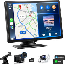 LAMTTO A-pple CarPlay ekranas, 9 colių Android CarPlay ekranas, Android automobilio ekranas su priekine ir 1080P atbulinės eigos kamera, automobilinis radijas su 64 GB TF kortele, Siri/G-oogle, Bluetooth, Mirror Link, GPS, FM