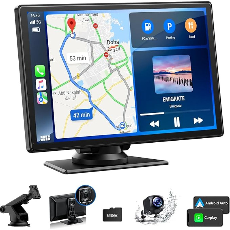 LAMTTO A-pple CarPlay ekranas, 9 colių Android CarPlay ekranas, Android automobilio ekranas su priekine ir 1080P atbulinės eigos kamera, automobilinis radijas su 64 GB TF kortele, Siri/G-oogle, Bluetooth, Mirror Link, GPS, FM